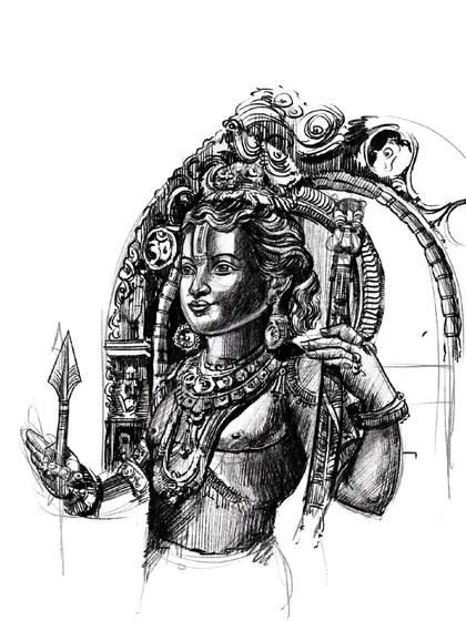 The final and most detailed sketch of Ram Lalla before the coloring process begins. Every element, from his expression to the carvings, is defined in this stage.