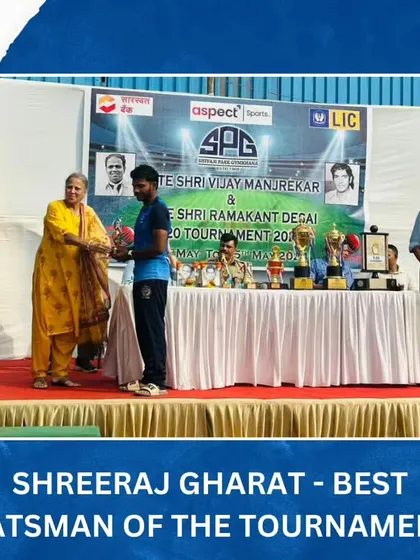 Shreeraj Gharat is awarded Best Batsman of the Tournament at the SPG T20 Cup for his exceptional run scoring.