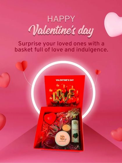 Celebrate your love with a basket full of indulgence. This Valentine's hamper includes a heart soap, body wash, scrub, and lip balm, all beautifully arranged for your special someone.