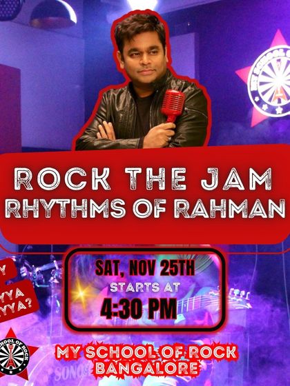 A poster for a special edition of 'Rock The Jam' celebrating the 'Rhythms of Rahman,' a tribute to the legendary composer A.R. Rahman.