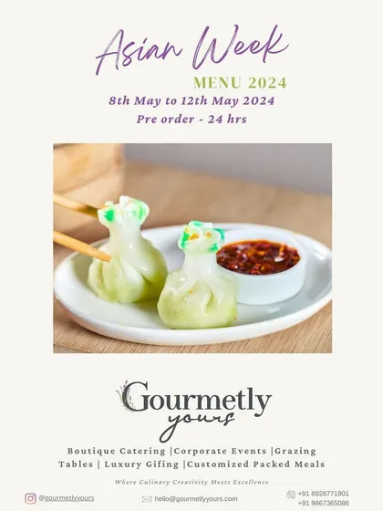 Our Asian Week menu announcement, featuring a shot of our delicate dim sum with a side of dipping sauce. This image invites clients to pre-order from our special menu.