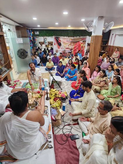 A wide shot of the Rudra Puja in progress. The studio was filled with divine chants and a peaceful, meditative energy.