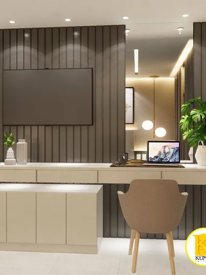 Another angle of the TV and study desk unit, showing its seamless integration with the bedroom's design.