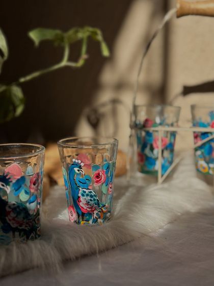 We recently launched this peacock design on cutting chai glasses. The intricate details and vibrant colors make them a standout piece for serving tea to guests.