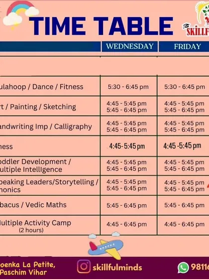 The detailed time table for our Paschim Vihar center, showing the schedule for Wednesday and Friday classes.