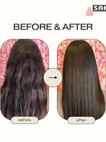 A clear before and after comparison showing the power of our smoothing treatments to transform frizzy, unruly hair into a sleek and polished style.