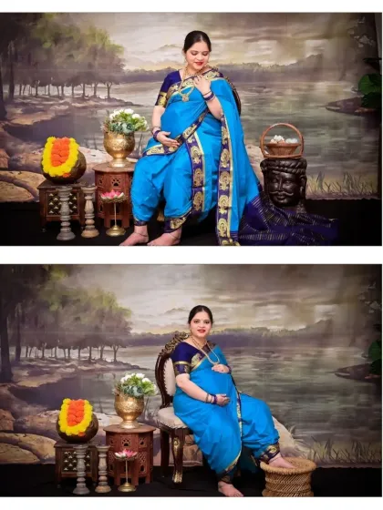 Two elegant seated poses from a Ravi Varma themed session. The use of traditional stools and props adds authenticity and variety to the portraits, allowing the mom-to-be to feel like royalty.