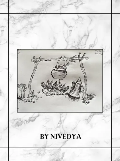 This cozy campfire scene by Nivedya uses simple lines and hatching to create a sense of warmth and atmosphere.