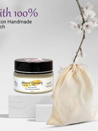Each jar of my night cream comes with a handmade cotton pouch, because I believe in making your skincare routine feel like a luxurious ritual.