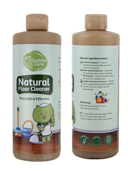 Front and back views of the natural floor cleaner bottle on a white background.
