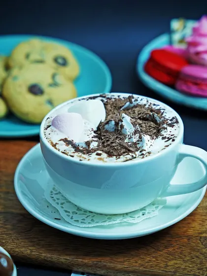 A close-up of a finished hot chocolate, topped with marshmallows and chocolate shavings. The focus on texture and detail makes this a highly appetizing shot for any beverage menu.