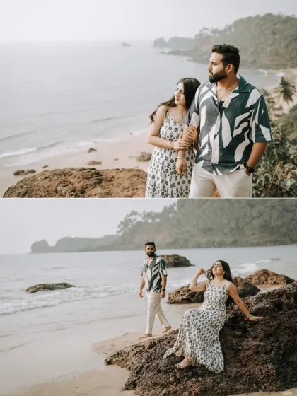 A diptych featuring the couple looking out at the ocean from a cliff and posing on the rocks below, capturing the beautiful Goan coastline.