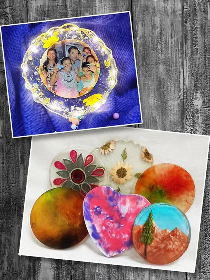 A collection of resin art pieces, including a personalized photo frame with lights and various decorative coasters, showing the wide range of possibilities.
