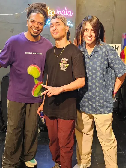 A duplicate photo of our founders with Red Bull All-Star Ronnie.