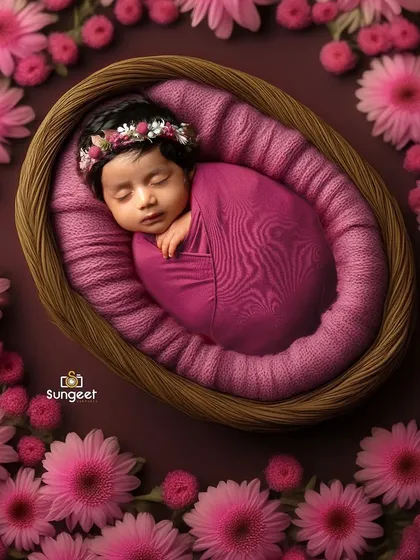 Blooming with beauty. This newborn is cocooned in a rich magenta wrap, nestled in a basket surrounded by a sea of matching pink flowers for a vibrant and artistic portrait.