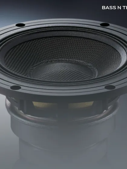 A close-up of the Multi-layered Aramid Composite Cone (MACC) diaphragm used in the TAD ME1's woofer, engineered for rigidity and low coloration.
