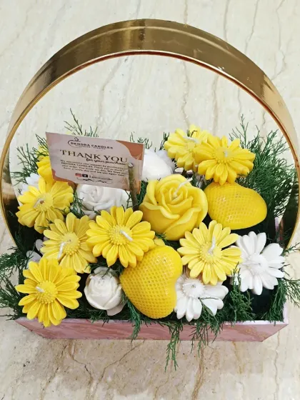 I design these unique candle bouquets as a lasting alternative to fresh flowers. This arrangement features a variety of my hand-poured floral and heart-shaped candles, making it a beautiful and fragrant gift for birthdays or thank yous.