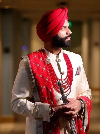 A powerful portrait of a Sikh groom in his traditional wedding attire, holding a kirpan. The lighting and composition create a regal and dignified image, showcasing our skill in groom portraiture.