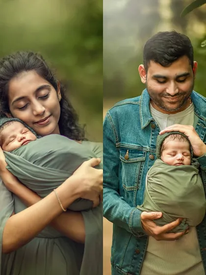 A beautiful diptych showing both mother and father holding their newborn baby outdoors. These portraits capture the tender, protective love of new parents in a natural, serene setting.