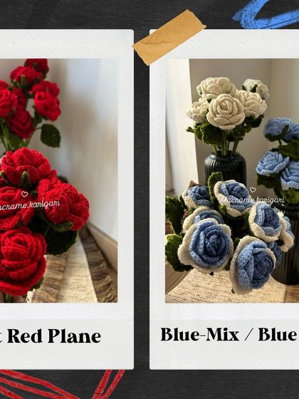 A look at our bright red and blue-mix crochet rose options. We can create roses in almost any color to match your personal style or event theme.