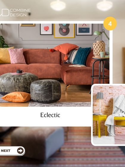 A graphic showcasing the "Eclectic" design style, characterized by a mix of colors, patterns, and textures.