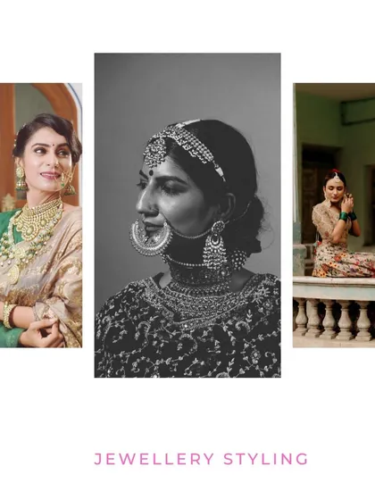 A snapshot of our jewelry styling services. We help you find the perfect pieces to match your outfits, whether it's a dramatic traditional look with a large nath or a more subtle, elegant style for a pre-wedding event.