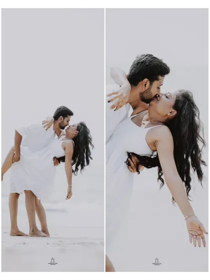 A collage of a couple's romantic and playful moments on the beach, captured in beautiful, dynamic poses.