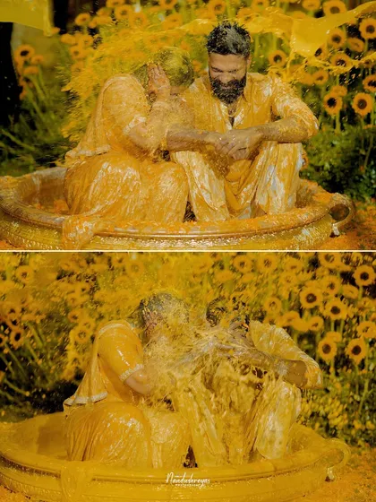 The peak of Haldi madness. This collage captures the dynamic, fun-filled moment of the couple being drenched in turmeric and water, a memory of pure joy.