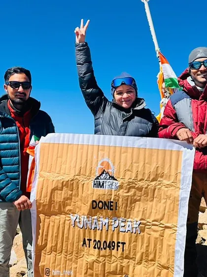 Victory at 20,049 ft! Our team at the summit of Yunam Peak, another one of our challenging high-altitude expeditions.