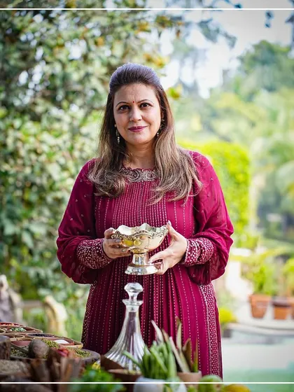 A portrait of our food stylist, Sakshi Tuli, on the set of a brand film, where she brought her expertise to a traditional food setup.