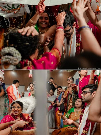 A collage of moments from a South Indian wedding ceremony, capturing the rituals and the happy faces of the couple and their guests.