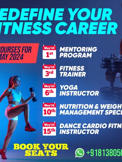We offer a wide range of courses to help you build a comprehensive fitness career. This schedule shows our upcoming programs for May, including our Mentoring Program, Fitness Trainer course, Yoga Instructor certification, and more.
