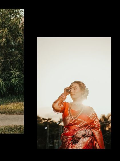A collage of individual portraits of the bride and groom, showcasing their traditional outfits and the golden hour light.