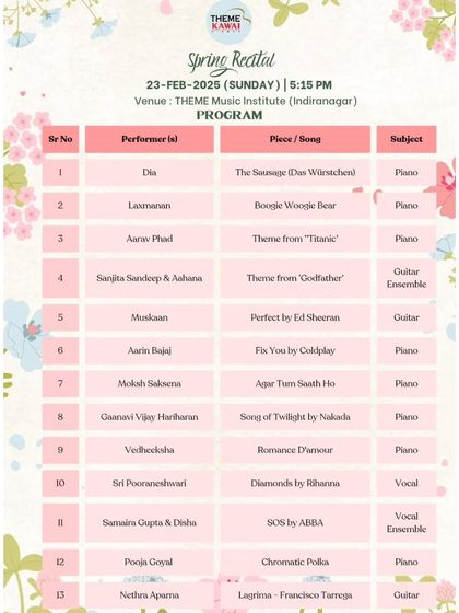 The program list for one of our Spring Recital sessions, featuring a diverse range of pieces on piano, guitar, and vocals.