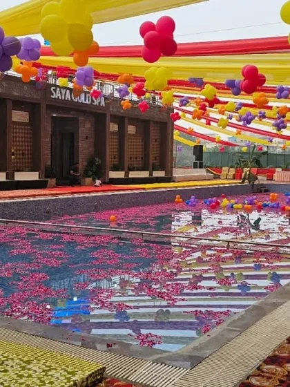 The swimming pool at Saya Gold Avenue, prepared for the Chhath Pooja festival. The space was transformed to accommodate the community's traditions with grace and respect.