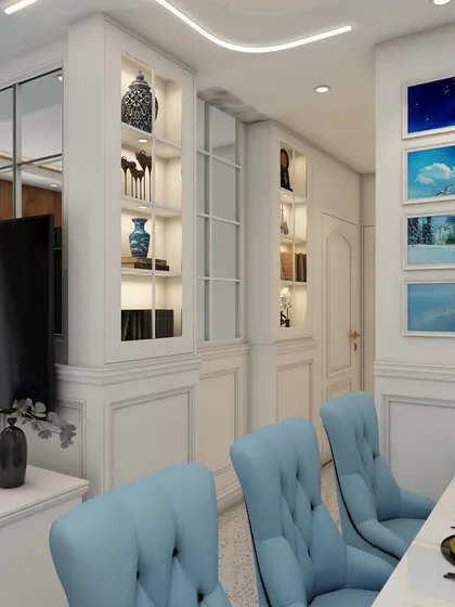 This shot shows the intricate details, like the built-in display shelves, that clients can review and approve in our 3D renders before any work begins.