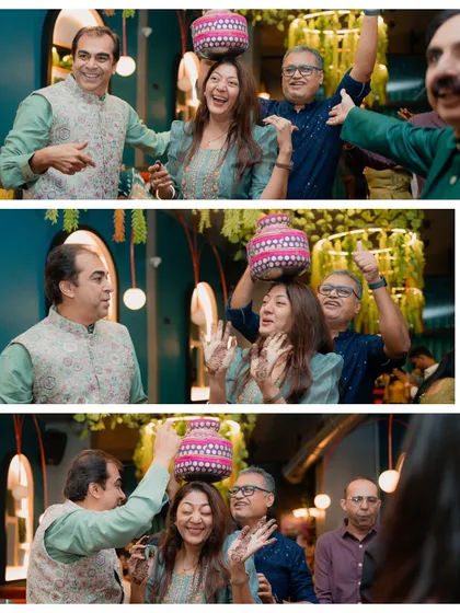 A collage capturing the fun and games at the Mehendi party, with guests dancing and balancing pots on their heads.