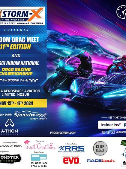 We create a comprehensive marketing ecosystem for our partners. This poster for the 11th edition showcases the full suite of sponsors, from title and powered-by partners to energy, software, and timing partners, all united under the Vroom banner.