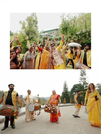 The sounds and sights of the celebration. This collage pairs the joyful guests with the dhol players who provide the heartbeat for the Haldi ceremony.