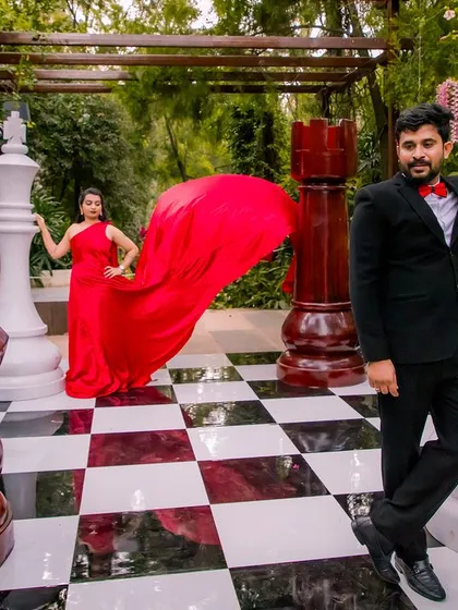 Checkmate! Our life-sized chessboard provides a surreal and creative backdrop for a high-fashion or themed pre-wedding shoot.