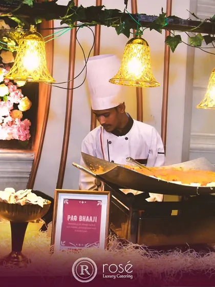 The aroma of freshly made Pav Bhaaji is irresistible. Our chef tends to a large pan of this Mumbai street food classic, ready to serve it hot with buttered pav buns at a beautifully lit live counter.