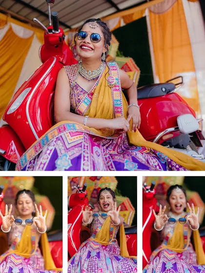 A collage of a bride's fun and expressive moments from her Mehendi ceremony.