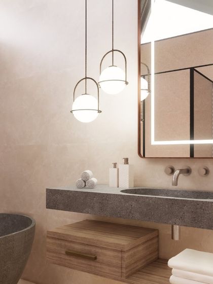 A bathroom detail render for 'Kasu Vaha', showing the elegant pendant lighting and stone finishes.