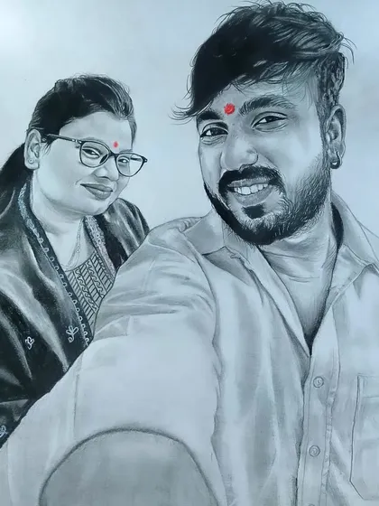 This selfie-style couple portrait was a paid commission. I work from your photos to create a realistic sketch that you can hang on your wall.