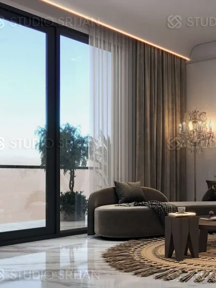A duplicate image showing the same elegant window treatment and lighting, emphasizing the room's bright and airy potential.