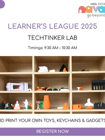 A shelf in our TechTinker Lab displays a variety of 3D-printed toys, keychains, and gadgets created by students. This shows the tangible and creative outcomes of learning 3D design and printing skills at my camp.
