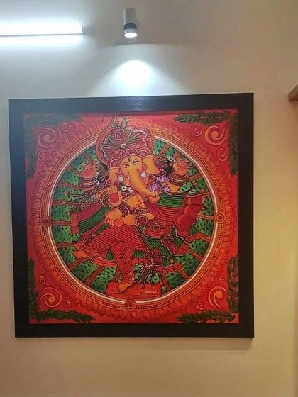 A happy customer shared this photo of my Ganesha mural in their home. The spotlight above makes it a stunning focal point.