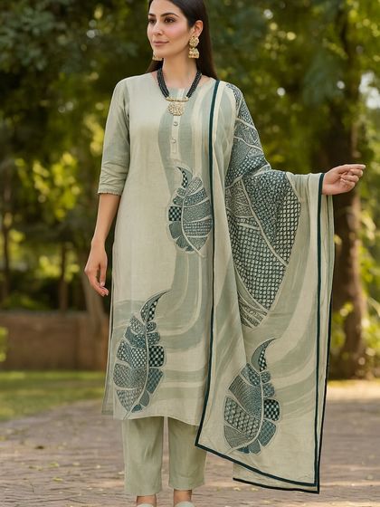 This sage green printed suit is all about subtle elegance. The kurta and matching dupatta feature a modern, stylized leaf print that feels fresh and sophisticated. Paired with simple straight-fit pants, it's a comfortable and chic option for your daily wear.