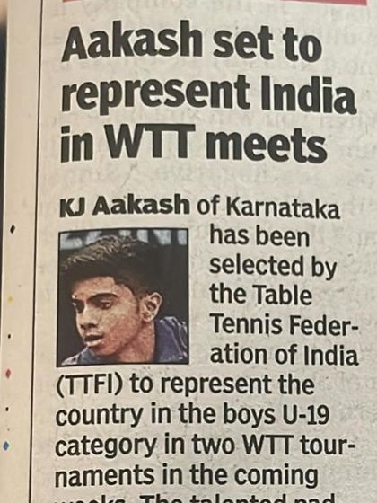 A newspaper clipping announcing Aakash's selection for the Indian team for WTT meets. This is the kind of recognition we strive for at the academy.