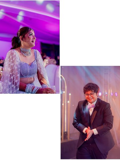 Individual candid shots of the bride and groom enjoying the Sangeet performances, their happy expressions telling the story of the night.